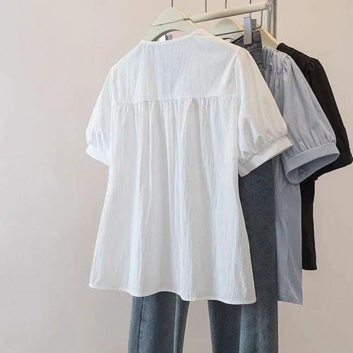 200 Pounds Plus Size Elastic Waist Office Lady Trend Shirt And Blouse Short Sleeve Solid Top  Women Clothing V-neck French Chic