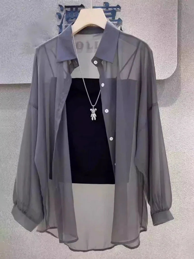 Semi Sheer Long Sleeve Button Up Shirts Lightweight Chiffon Single Breasted Blouse Shirt Women Spring Summer 2026 Casual Tops