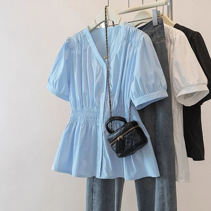 200 Pounds Plus Size Elastic Waist Office Lady Trend Shirt And Blouse Short Sleeve Solid Top  Women Clothing V-neck French Chic