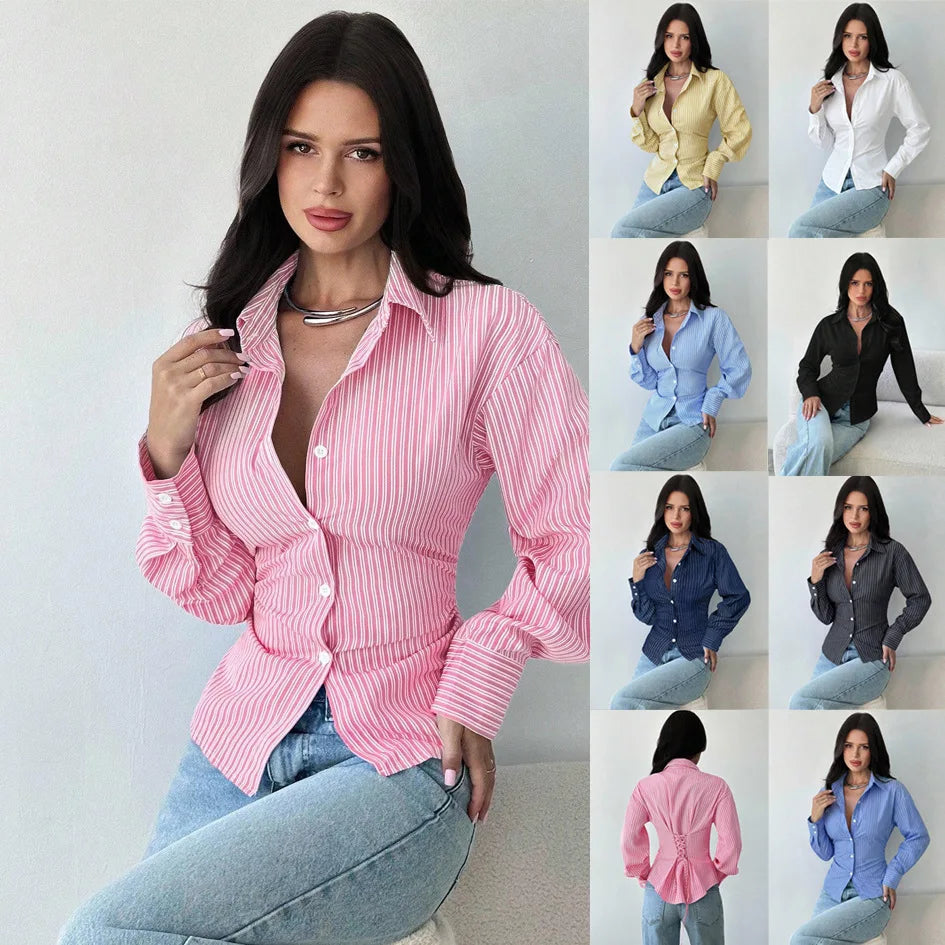 Autumn New Women's Long-sleeved Shirts Waist Striped Lapels Fashion and Versatile Commuting Casual Tops Inner Blouses for Female