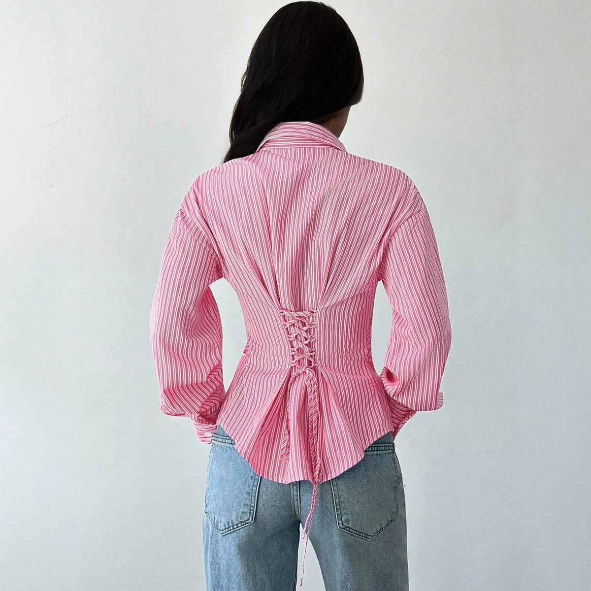 Autumn New Women's Long-sleeved Shirts Waist Striped Lapels Fashion and Versatile Commuting Casual Tops Inner Blouses for Female